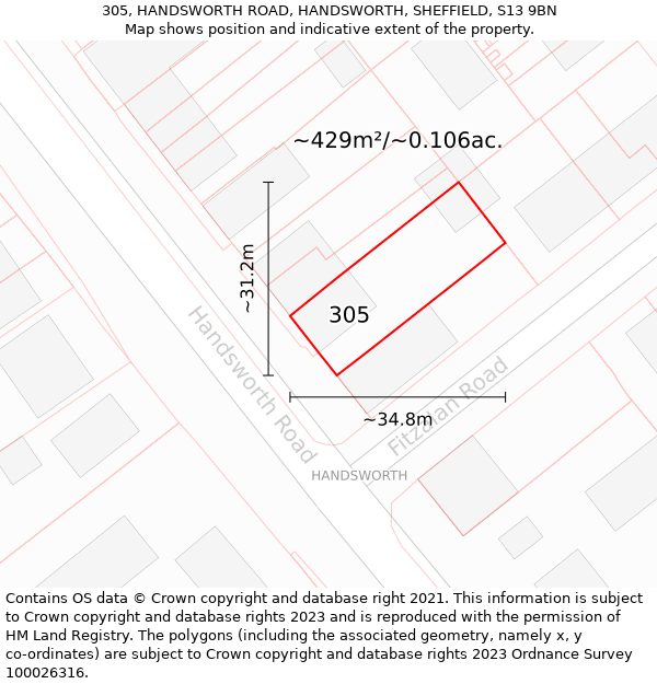 305, HANDSWORTH ROAD, HANDSWORTH, SHEFFIELD, S13 9BN: Plot and title map