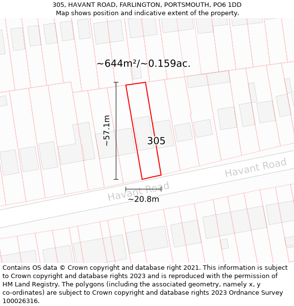 305, HAVANT ROAD, FARLINGTON, PORTSMOUTH, PO6 1DD: Plot and title map