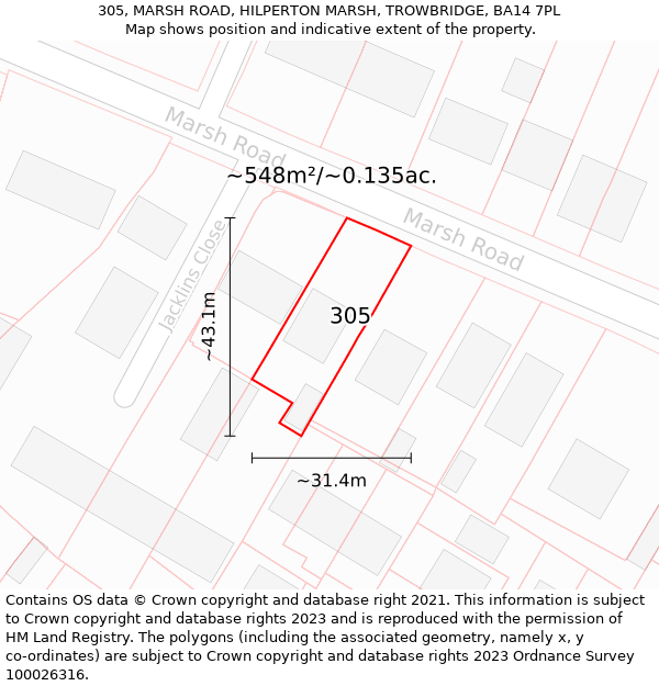 305, MARSH ROAD, HILPERTON MARSH, TROWBRIDGE, BA14 7PL: Plot and title map