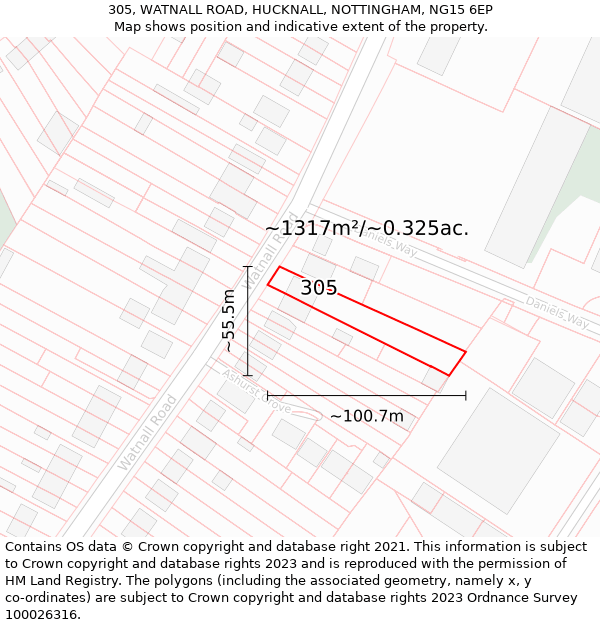 305, WATNALL ROAD, HUCKNALL, NOTTINGHAM, NG15 6EP: Plot and title map