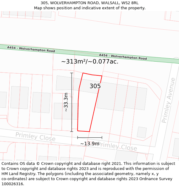 305, WOLVERHAMPTON ROAD, WALSALL, WS2 8RL: Plot and title map