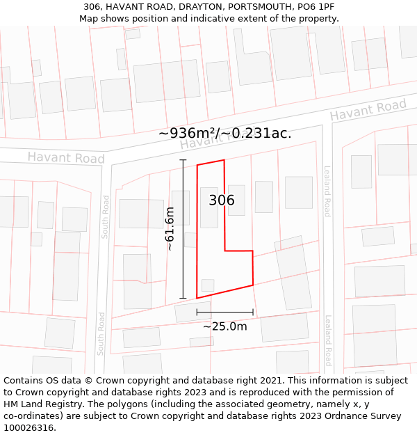 306, HAVANT ROAD, DRAYTON, PORTSMOUTH, PO6 1PF: Plot and title map