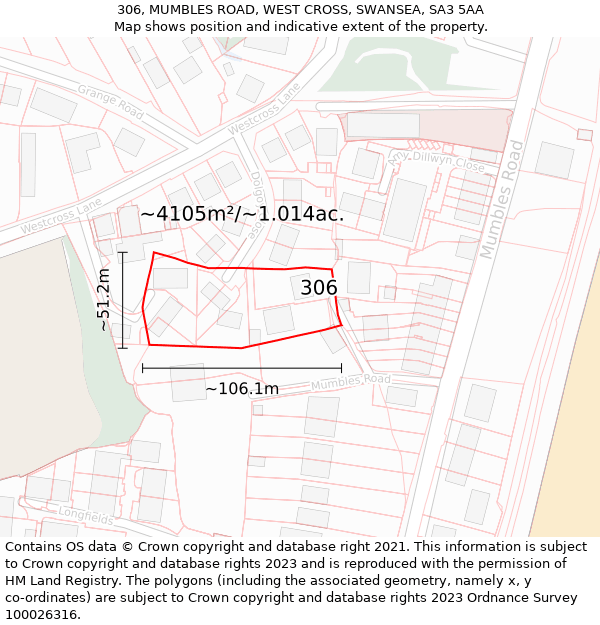 306, MUMBLES ROAD, WEST CROSS, SWANSEA, SA3 5AA: Plot and title map