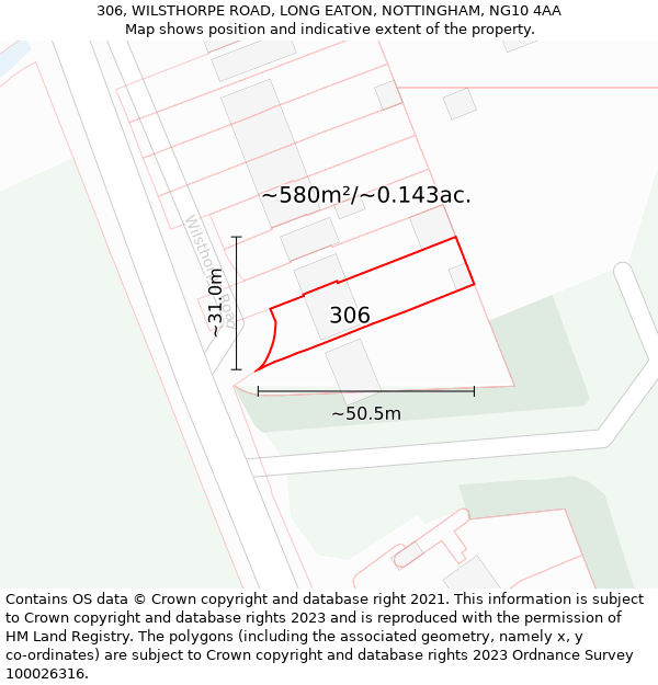 306, WILSTHORPE ROAD, LONG EATON, NOTTINGHAM, NG10 4AA: Plot and title map