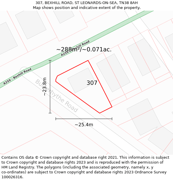 307, BEXHILL ROAD, ST LEONARDS-ON-SEA, TN38 8AH: Plot and title map