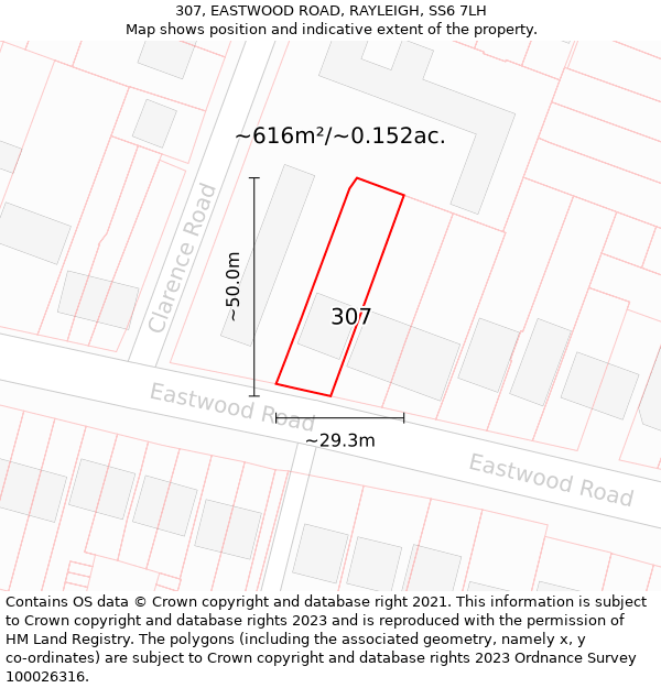 307, EASTWOOD ROAD, RAYLEIGH, SS6 7LH: Plot and title map