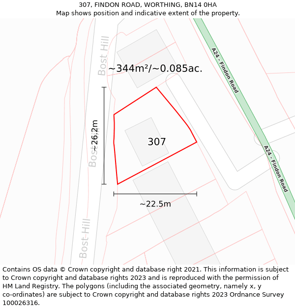 307, FINDON ROAD, WORTHING, BN14 0HA: Plot and title map