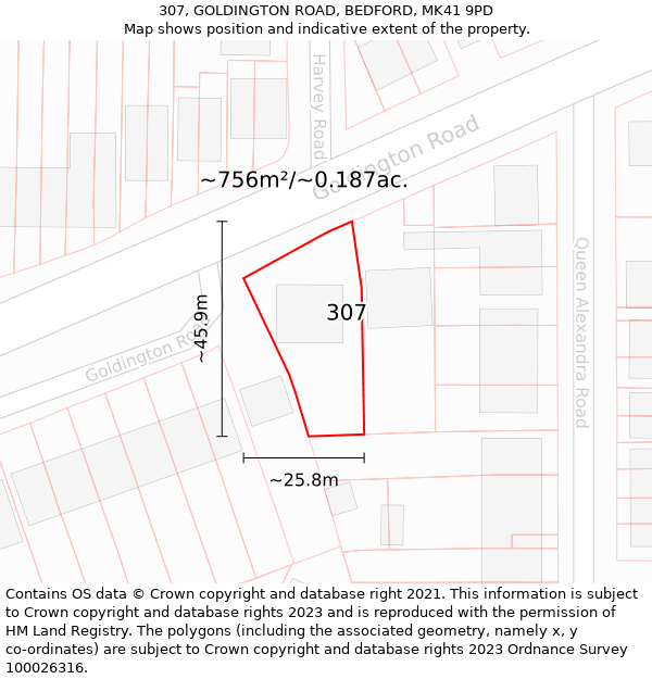 307, GOLDINGTON ROAD, BEDFORD, MK41 9PD: Plot and title map