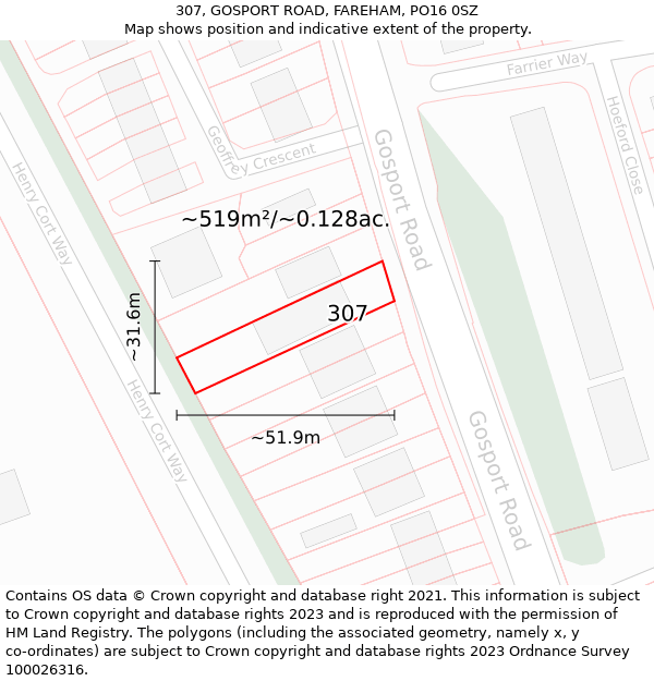 307, GOSPORT ROAD, FAREHAM, PO16 0SZ: Plot and title map