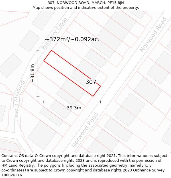 307, NORWOOD ROAD, MARCH, PE15 8JN: Plot and title map