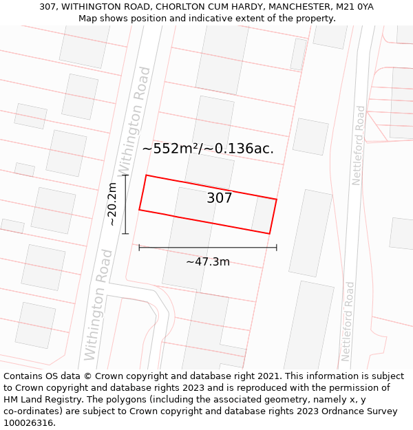 307, WITHINGTON ROAD, CHORLTON CUM HARDY, MANCHESTER, M21 0YA: Plot and title map