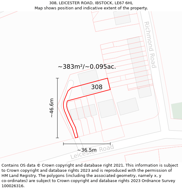 308, LEICESTER ROAD, IBSTOCK, LE67 6HL: Plot and title map