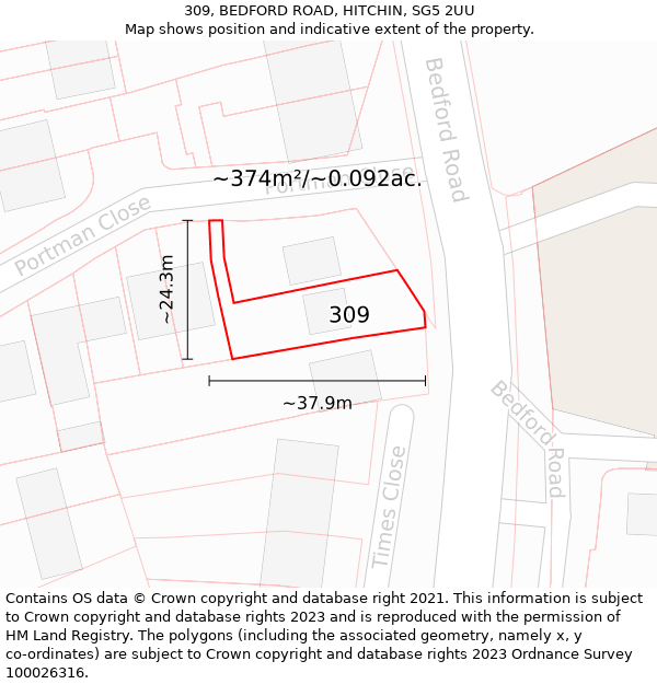 309, BEDFORD ROAD, HITCHIN, SG5 2UU: Plot and title map