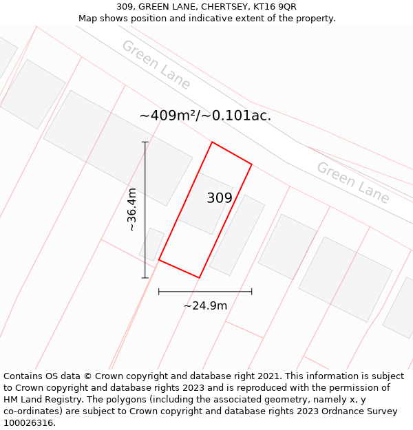 309, GREEN LANE, CHERTSEY, KT16 9QR: Plot and title map