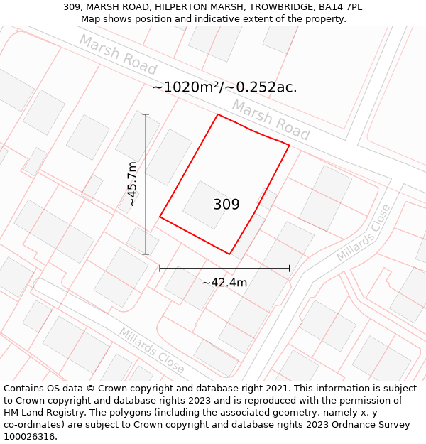 309, MARSH ROAD, HILPERTON MARSH, TROWBRIDGE, BA14 7PL: Plot and title map