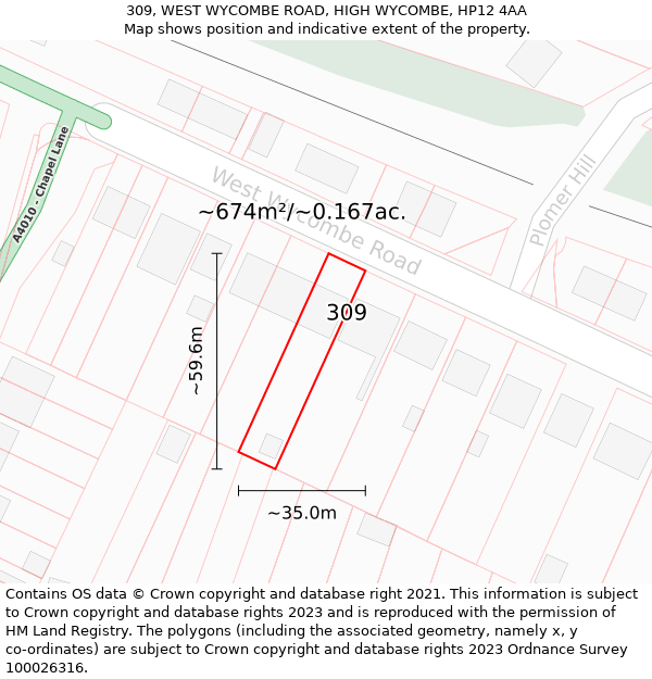 309, WEST WYCOMBE ROAD, HIGH WYCOMBE, HP12 4AA: Plot and title map