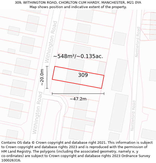 309, WITHINGTON ROAD, CHORLTON CUM HARDY, MANCHESTER, M21 0YA: Plot and title map