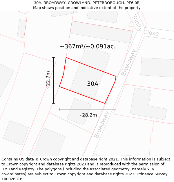 30A, BROADWAY, CROWLAND, PETERBOROUGH, PE6 0BJ: Plot and title map