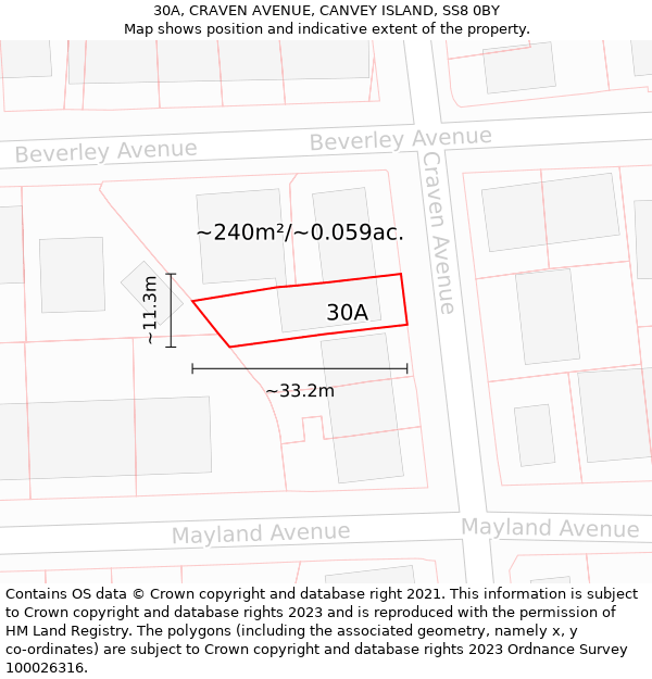 30A, CRAVEN AVENUE, CANVEY ISLAND, SS8 0BY: Plot and title map