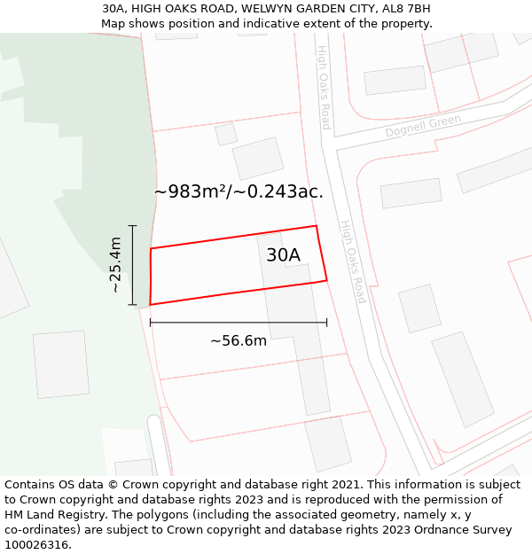 30A, HIGH OAKS ROAD, WELWYN GARDEN CITY, AL8 7BH: Plot and title map