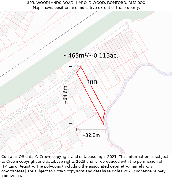 30B, WOODLANDS ROAD, HAROLD WOOD, ROMFORD, RM3 0QX: Plot and title map