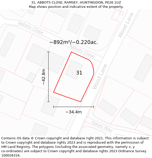 31, ABBOTS CLOSE, RAMSEY, HUNTINGDON, PE26 1UZ: Plot and title map