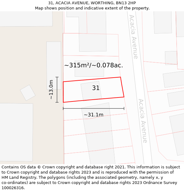 31, ACACIA AVENUE, WORTHING, BN13 2HP: Plot and title map