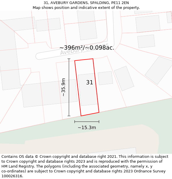 31, AVEBURY GARDENS, SPALDING, PE11 2EN: Plot and title map