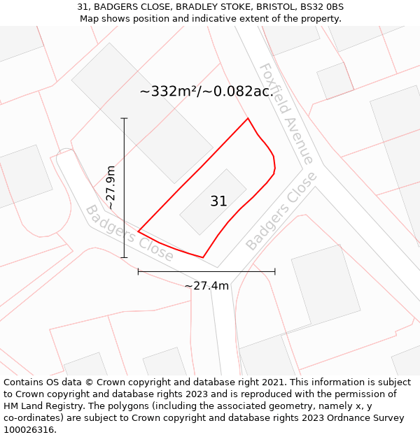 31, BADGERS CLOSE, BRADLEY STOKE, BRISTOL, BS32 0BS: Plot and title map