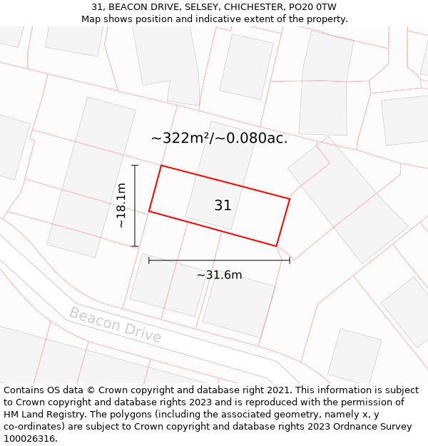 31, BEACON DRIVE, SELSEY, CHICHESTER, PO20 0TW: Plot and title map