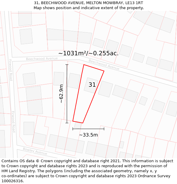 31, BEECHWOOD AVENUE, MELTON MOWBRAY, LE13 1RT: Plot and title map