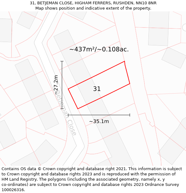 31, BETJEMAN CLOSE, HIGHAM FERRERS, RUSHDEN, NN10 8NR: Plot and title map