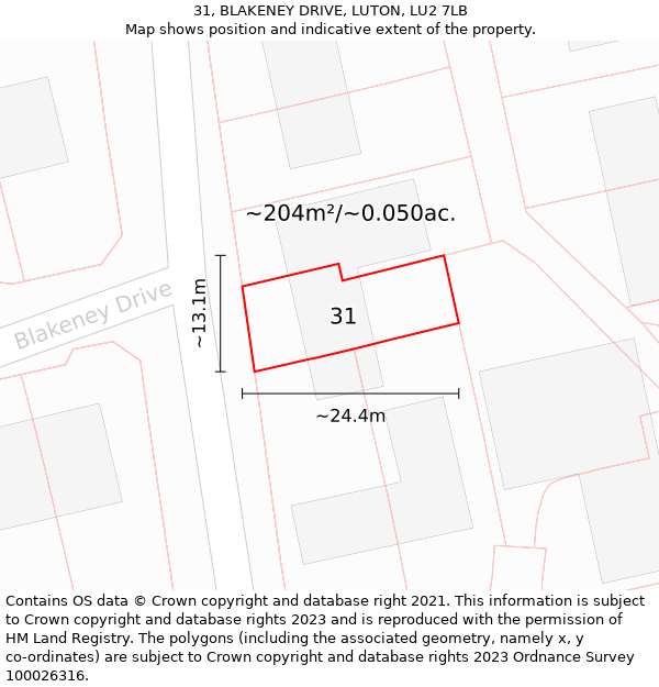 31, BLAKENEY DRIVE, LUTON, LU2 7LB: Plot and title map