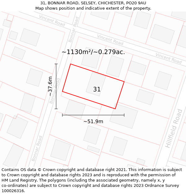 31, BONNAR ROAD, SELSEY, CHICHESTER, PO20 9AU: Plot and title map