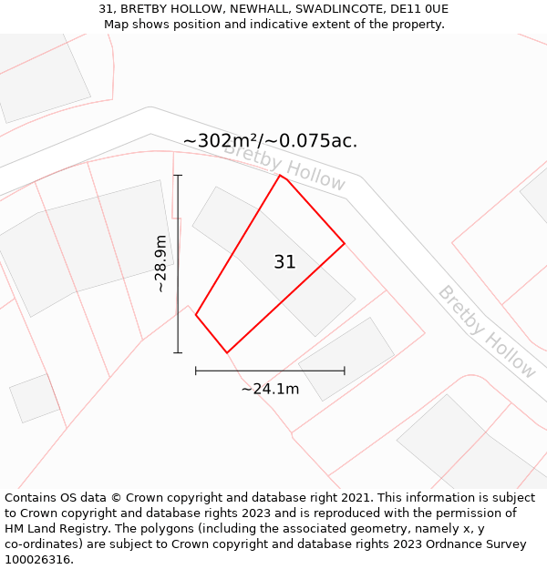 31, BRETBY HOLLOW, NEWHALL, SWADLINCOTE, DE11 0UE: Plot and title map