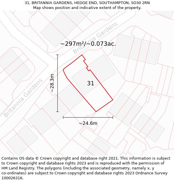 31, BRITANNIA GARDENS, HEDGE END, SOUTHAMPTON, SO30 2RN: Plot and title map