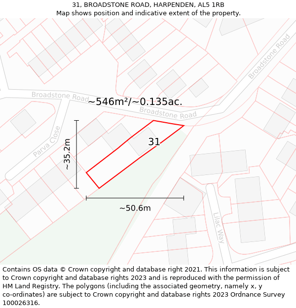 31, BROADSTONE ROAD, HARPENDEN, AL5 1RB: Plot and title map