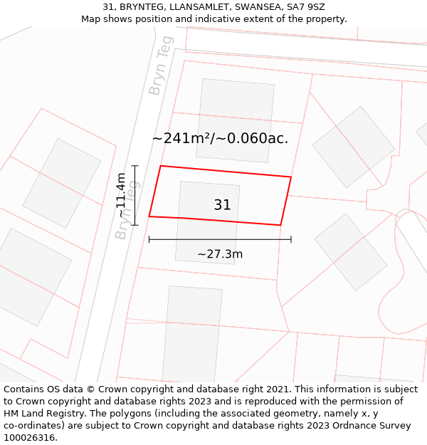 31, BRYNTEG, LLANSAMLET, SWANSEA, SA7 9SZ: Plot and title map