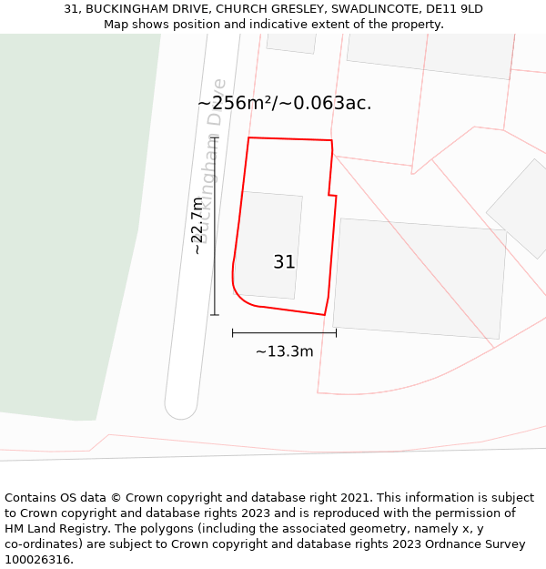 31, BUCKINGHAM DRIVE, CHURCH GRESLEY, SWADLINCOTE, DE11 9LD: Plot and title map