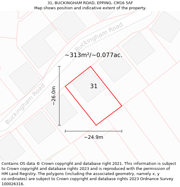 31, BUCKINGHAM ROAD, EPPING, CM16 5AF: Plot and title map