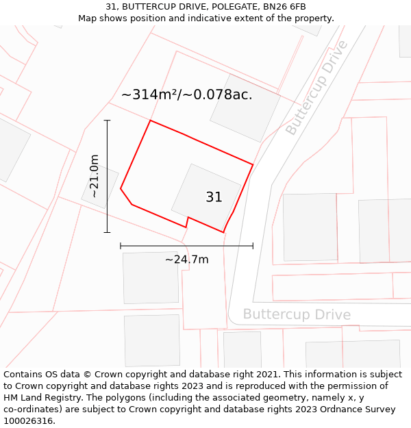 31, BUTTERCUP DRIVE, POLEGATE, BN26 6FB: Plot and title map