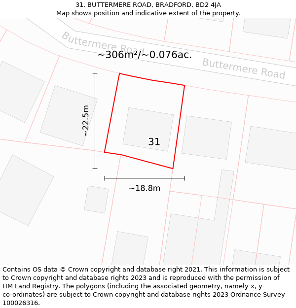 31, BUTTERMERE ROAD, BRADFORD, BD2 4JA: Plot and title map