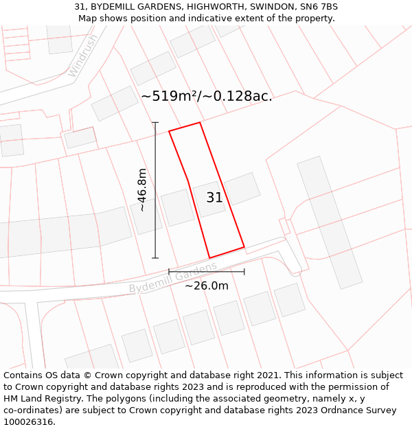 31, BYDEMILL GARDENS, HIGHWORTH, SWINDON, SN6 7BS: Plot and title map