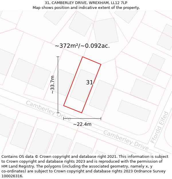 31, CAMBERLEY DRIVE, WREXHAM, LL12 7LP: Plot and title map