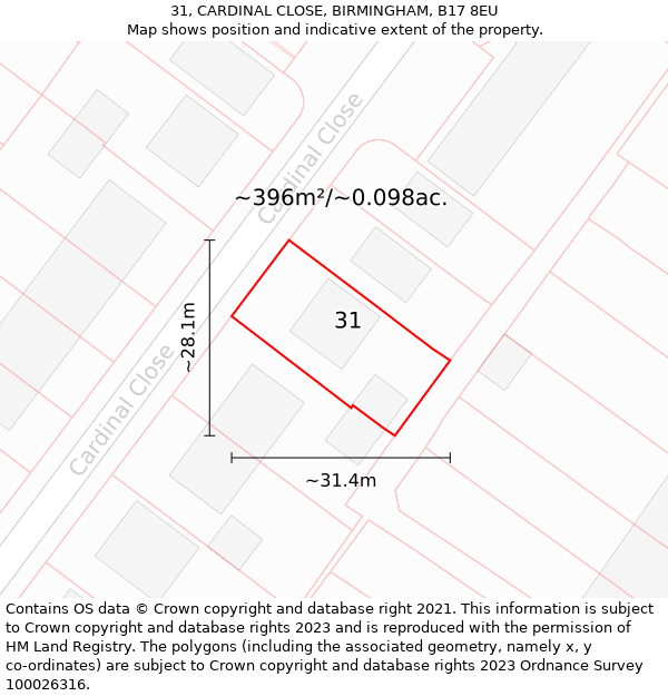 31, CARDINAL CLOSE, BIRMINGHAM, B17 8EU: Plot and title map