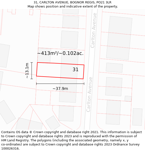 31, CARLTON AVENUE, BOGNOR REGIS, PO21 3LR: Plot and title map