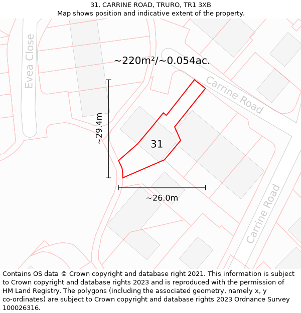 31, CARRINE ROAD, TRURO, TR1 3XB: Plot and title map