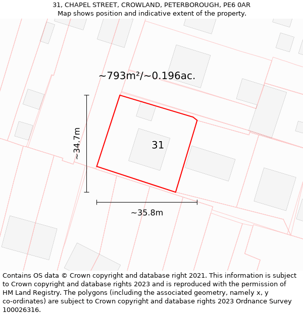 31, CHAPEL STREET, CROWLAND, PETERBOROUGH, PE6 0AR: Plot and title map