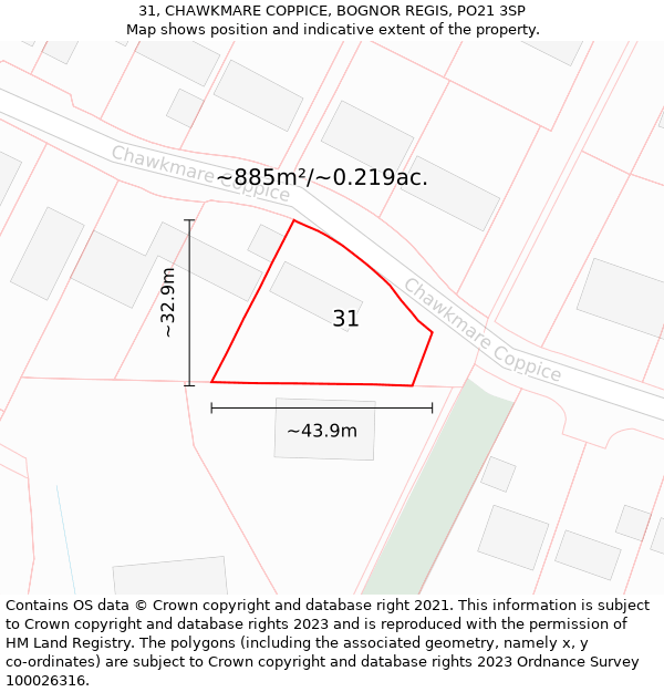 31, CHAWKMARE COPPICE, BOGNOR REGIS, PO21 3SP: Plot and title map