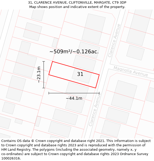 31, CLARENCE AVENUE, CLIFTONVILLE, MARGATE, CT9 3DP: Plot and title map